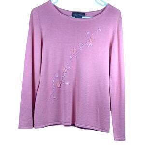 Requirements Women’s Small Peach Knit Sweater with Asymmetric Floral Embroidery
